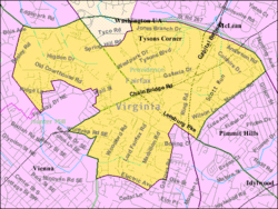 Boundaries of Tysons in Fairfax County, Virginia as of 2003[update]