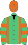 Emerald green, orange braces and cap, hooped sleeves