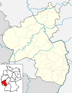 Mapa konturowa Nadrenii-Palatynatu, u góry znajduje się punkt z opisem „Mülheim-Kärlich”