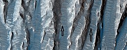 Close-up image of yardangs, as seen by HiRISE under HiWish program. Arrows point to transverse aeolian ridges (TARs), a type of dune. Note this is an enlargement of the previous image from HiRISE.