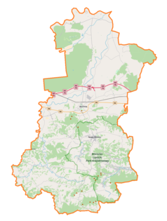 Mapa konturowa powiatu bocheńskiego, w centrum znajduje się punkt z opisem „Parafia św. Mikołaja Biskupa w Bochni”