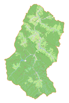 Mapa konturowa gminy Baligród, u góry po prawej znajduje się punkt z opisem „Żerdenka”