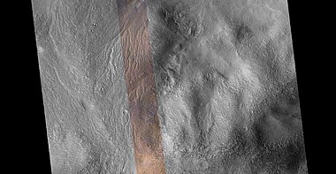 Wide view of channel network, as seen by HiRISE under HiWish program Colored strip in center is about 1 km across.