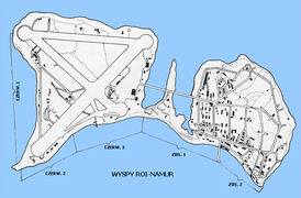 Map of Roi-Namur during World War II. The causeway is roughly centered.