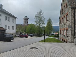 Centrum Haidmühle s věží kostela sv. Maxmiliána