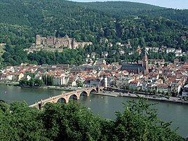 View of Heidelberg with the Heidelberg Castle on hill and the Old Bridge over river Neckar