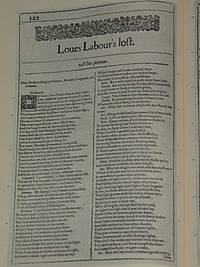 Faksimil av första sidan i Loues Labour's lost från First Folio, publicerad 1623