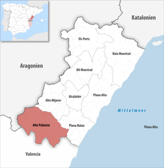 Die Lage der Comarca Alto Palancia in der Provinz Castellón