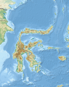 Map of Sulawesi with a dot on the west coast of the southern peninsula