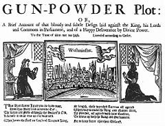 Three illustrations in a horizontal alignment. The leftmost shows a woman praying, in a room. The rightmost shows a similar scene. The centre image shows a horizon filled with buildings, from across a river. The caption reads "Westminster". At the top of the image, "The Gunpowder Plot" begins a short description of the document's contents.