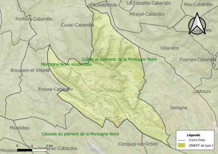 Carte des ZNIEFF de type 2 sur la commune.