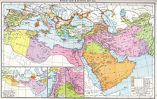 A map of northern Africa, southern Europe and western and central Asia with different color shades denoting the stages of expansion of the caliphate