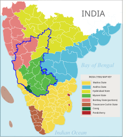 Map of south India, with the districts of modern-day Karnataka highlighted