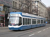 A Bombardier Cobra low-floor tram on typical VBZ street track