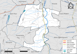 Carte en couleur présentant le réseau hydrographique de la commune