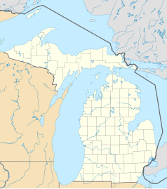 Mapa konturowa Michigan, blisko centrum na prawo znajduje się punkt z opisem „Wolverine”