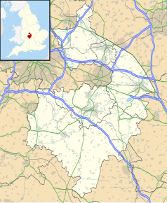 Mapa konturowa Warwickshire, na dole nieco na prawo znajduje się punkt z opisem „Upton House”