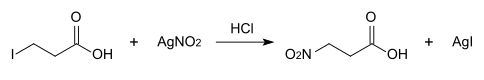 Síntese do ácido 3-nitropropiônico com ácido 3-iodopropiônico e nitrito de prata.