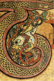 Detaliu al inițialei „T” decorate cu un antrelac, din Cartea din Kells, circa 800