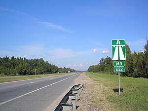 Motorway M9 and European route E22 with green signs