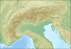 Mapa konturowa Alp, po lewej nieco u góry znajduje się czarny trójkącik z opisem „Nesthorn”