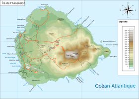 Carte de l'île[George(s)ville est à l'ouest, entreCatherine Point, Tartar Rock et Cross Hill ;le pic de Montagne Verte au centre-est].