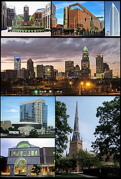 Clockwise: UNC Charlotte, Harvey B. Gantt Center for African-American Arts + Culture, Duke Energy Center, Charlottes skyline, First Presbyterian Church of Charlotte, Charlotte Main Library and NASCAR Hall of Fame building