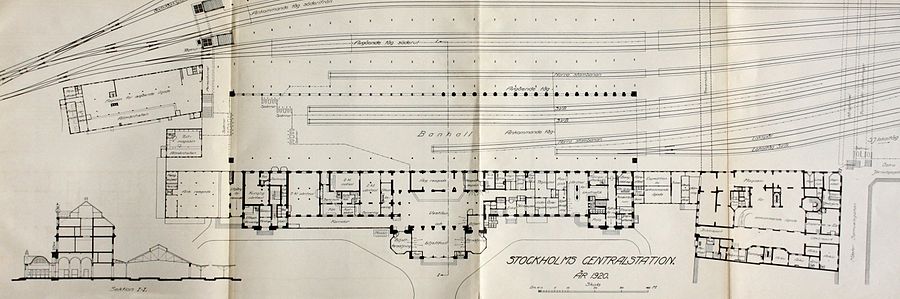 En planritning från 1920 visar byggnader och spårområden strax innan den stora ombyggnaden 1927.