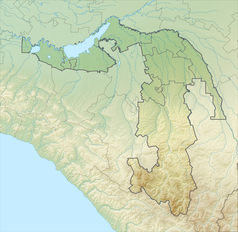 Mapa konturowa Adygei, na dole znajduje się czarny trójkącik z opisem „Fiszt”