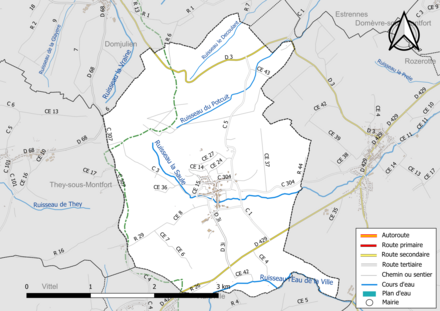 Carte en couleur présentant le réseau hydrographique de la commune