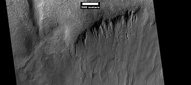 Gullies on the wall of a crater, as seen by HiRISE under HiWish program