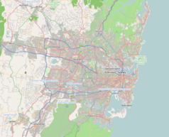 Mapa konturowa Sydney, w centrum znajduje się punkt z opisem „Stadium Australia”