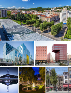 From top to bottom, left to right: view from the Cité du Design, in the centre the Cité des Affaires and the One Station buildings, below the Musée de la Mine, the Place Jean Jaurès garden and the Place du Peuple.