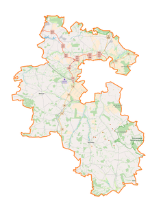 Mapa konturowa powiatu lubelskiego, blisko centrum na lewo u góry znajduje się punkt z opisem „źródło”, natomiast blisko centrum na prawo u góry znajduje się punkt z opisem „ujście”