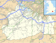 Mapa konturowa Surrey, w centrum znajduje się punkt z opisem „Fetcham”