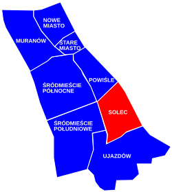 Location of Solec neighborhood (red) in the district of Śródmieście-Downtown (navy blue)