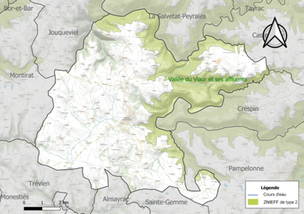 Carte de la ZNIEFF de type 2 sur la commune.