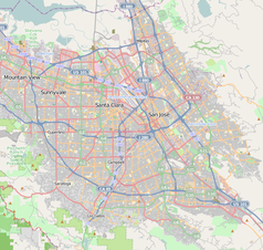 Mapa konturowa San Jose, w centrum znajduje się punkt z opisem „Adobe Inc.”