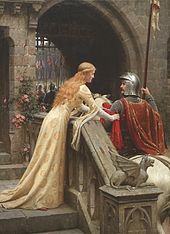 A young woman in a medieval-style dress of cream satin ties a red scarf to the arm of a man in armour and mounted on a horse. The scene is set at the portal of a castle.