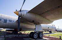 The 4-wheel bogie of a retired RB-36H is pictured from the outboard side.