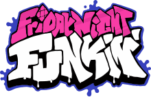 The Friday Night Funkin' logo. It has a blue outline with splatter-like shapes in several areas. The text "Friday Night Funkin'" is further outlined in black, and the shiny magenta-pink words "Friday Night" are above the off-white word "Funkin'". In the word "Friday", the dot in the letter i is diamond-shaped and divided with two vertical and two horizontal lines. The text has graffiti-style letters with paint dripping down the bottom of the word "Funkin'" and onto the extended black outline.