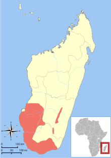 Map of Madagascar, off the southeast coast of Africa, with a range covering most of the southwest portion of the island.