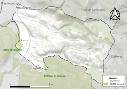 Carte des ZNIEFF de type 2 sur la commune.