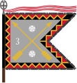 The traditional colour of the Kymi Jaeger Battalion, today a part of the Karelia Brigade, is of the form defined for light infantry. The Kymi Jaeger Battalion follows the traditions of the 3rd Bicycle Battalion and carries that number on its colour, and the Order of the Cross of Liberty both as a streamer and as the point of the staff.