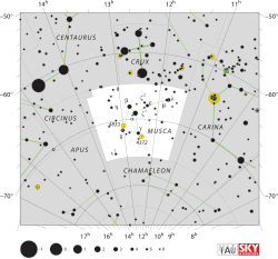 Diagram showing star positions and boundaries of the Musca constellation and its surroundings