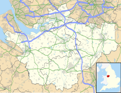 Mapa konturowa Cheshire, u góry nieco na prawo znajduje się punkt z opisem „Rostherne”