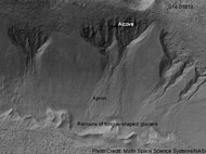 Group of gullies on north wall of crater that lies west of the crater Newton (41.3047 degrees south latitude, 192.89 east longitide). Image taken with Mars Global Surveyor under the MOC Public Targeting Program.