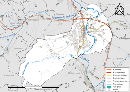 Carte en couleur présentant le réseau hydrographique de la commune