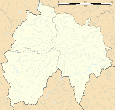 Mapa konturowa Cantal, po lewej znajduje się punkt z opisem „Jussac”