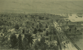 Sketch of Georgetown, Demerera, British Guiana showing the town on the left, people and horses walking on the main waterfront street, and the harbour on the right, filled with ships